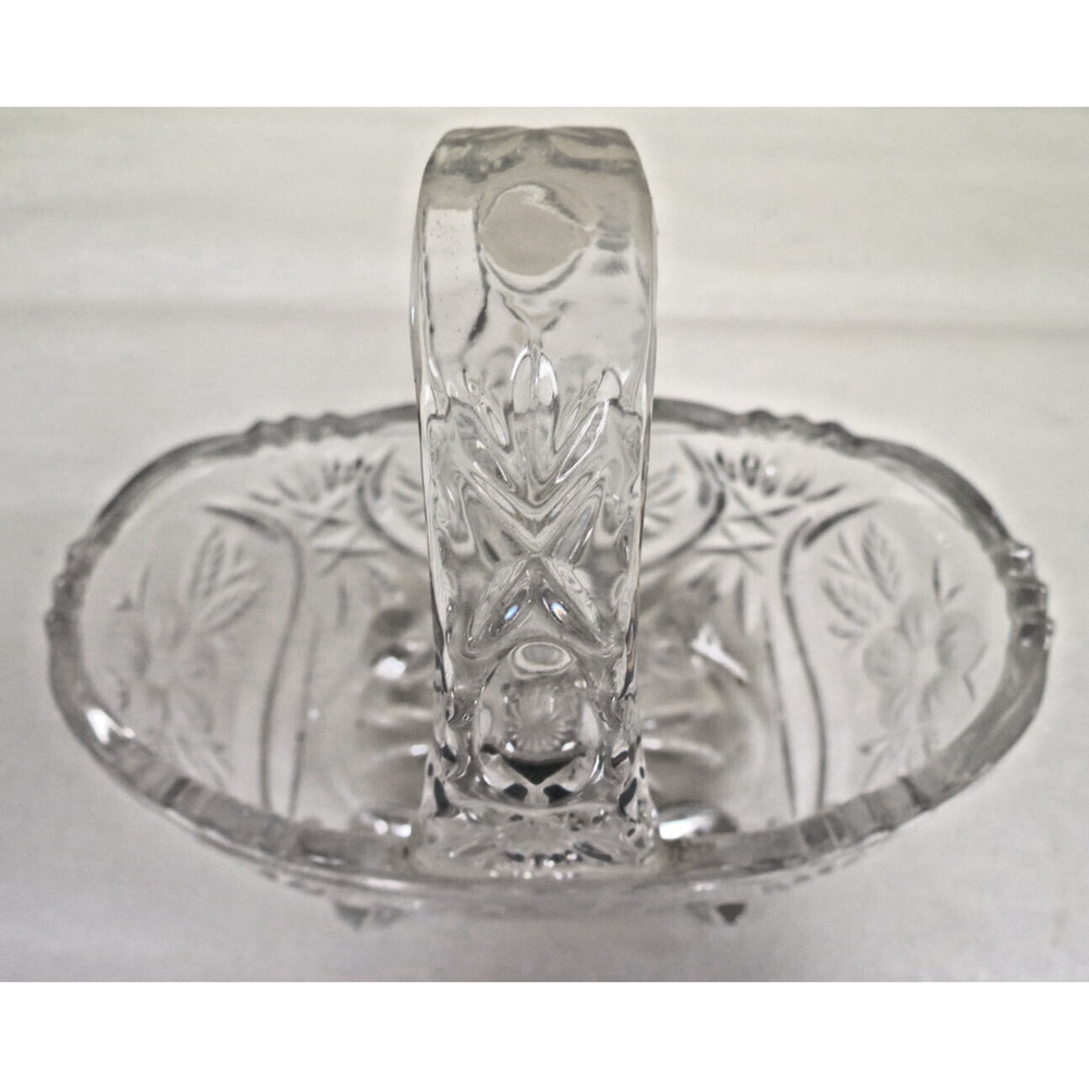 Vintage Glass Lead Crystal Footed Candy Or Nut Basket Bowl Dish W/ Handle Floral